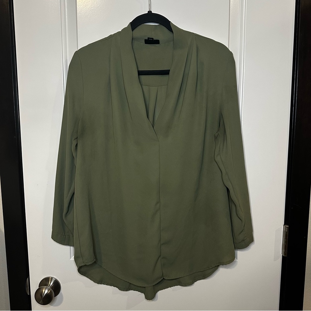 Mossimo Olive Draped Blouse | Convertible Sleeve Workwear Essential | Large